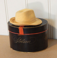 Vintage 1950s STETSON Ivory/Yellow Wool Felt Mens Fedora Doll Hat w/Original Box