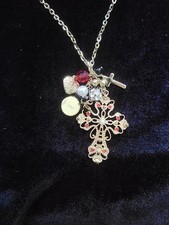 Gold Tone Cross Pendant Necklace Christian Charms Red Rhinestone 35" Around