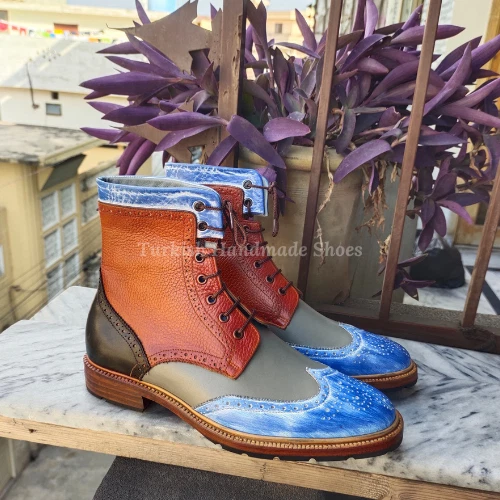 Tailor made Grain Multi Color Leather Wingtip oxford Boots, Derby Ankle men Boot