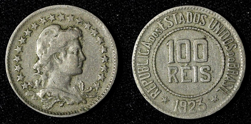 BRAZIL Copper-Nickel 1923 100 Reis Rio de Janeiro Mint VF KM# 518 (27 598)