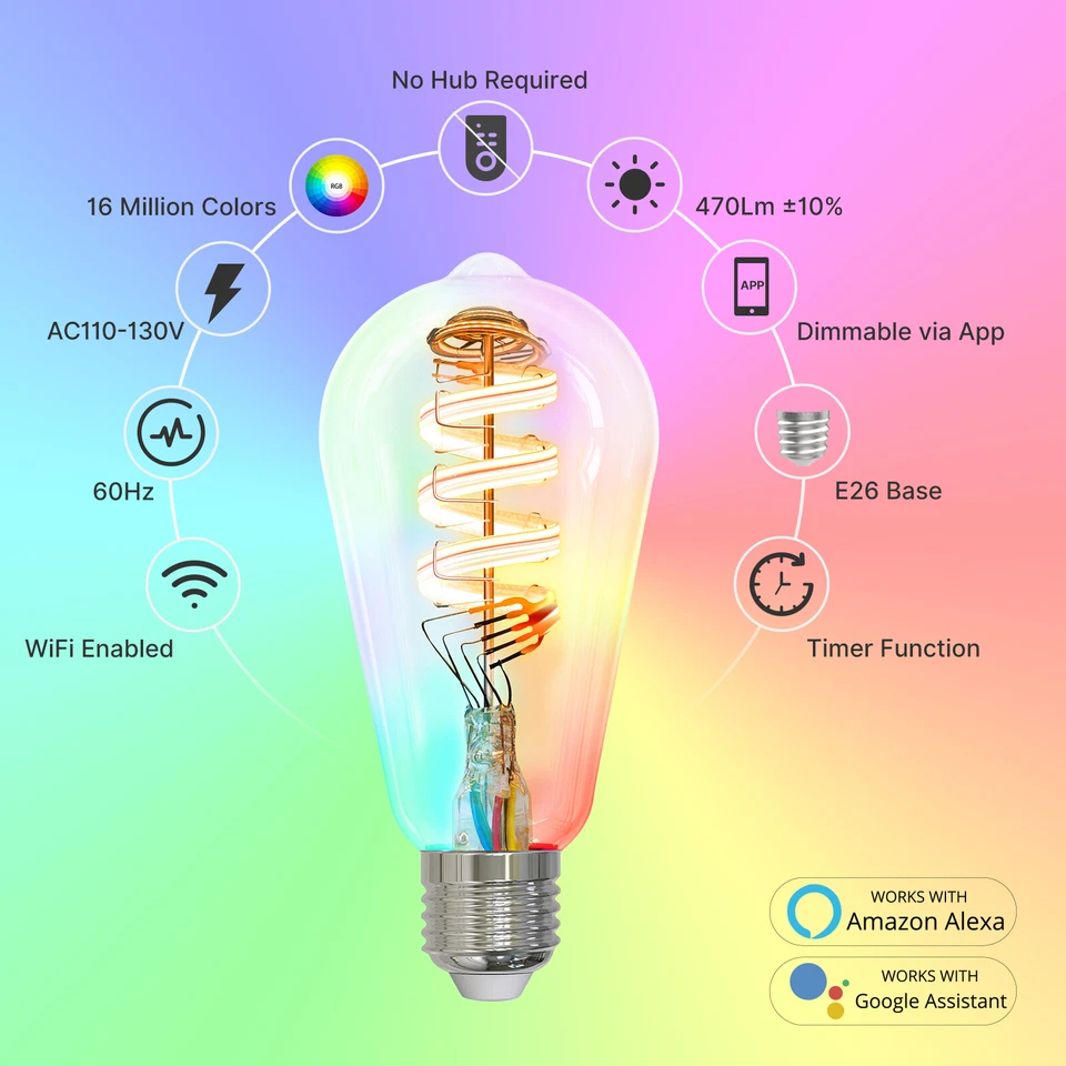 MOES 2Pack Smart WiFi ST64 Edison LED Light Bulbs Multicolor CW&RGB Dimmable 40W - Image 2 of 4