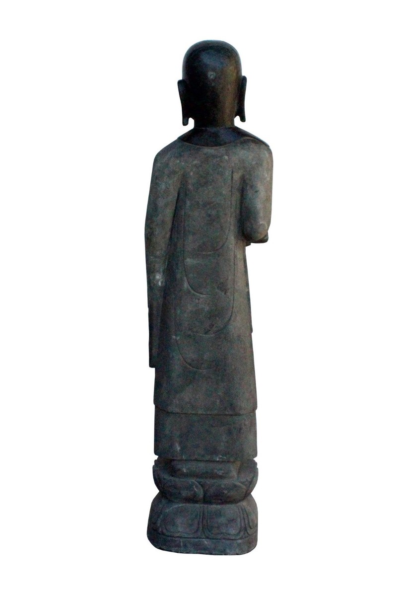Chinese Black Gray Stone Carved Standing Monk Lohon Statue cs3628S Chinese Black Gray Stone Carved Standing Monk Lohon Statue cs3628S