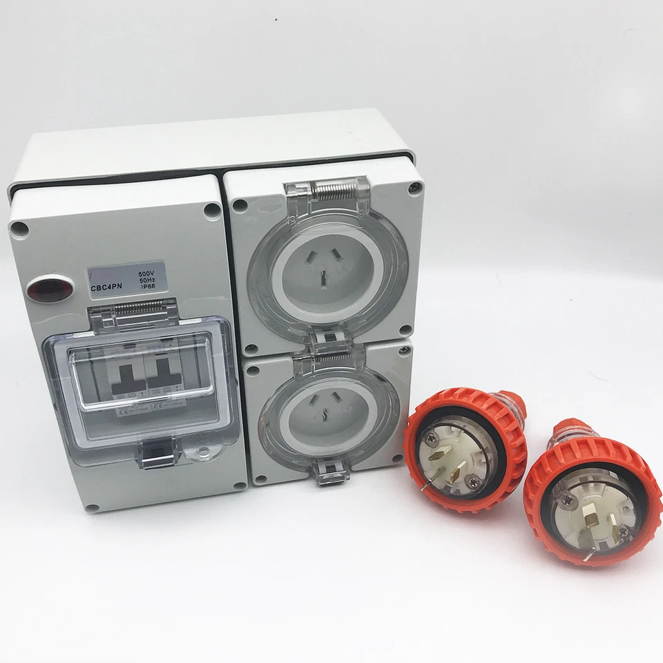 3 pin 2 x 15 Amp RCD Protected Outlet with 2x Male Plug IP66 Outlet Industrial - Image 3 of 4