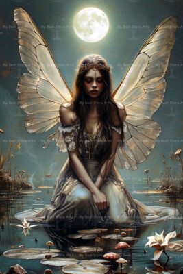 FAIRY MOON ART PRINT, Cottagecore Decor, Fairytale Poster, Gothic Lady Fae D220