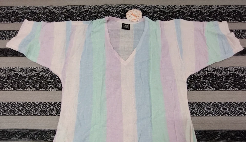 Vintage Rainbow Sherbet Dress M Gauzy Cotton V-neck Pleated Sleeve Trans Colors - Image 3 of 4