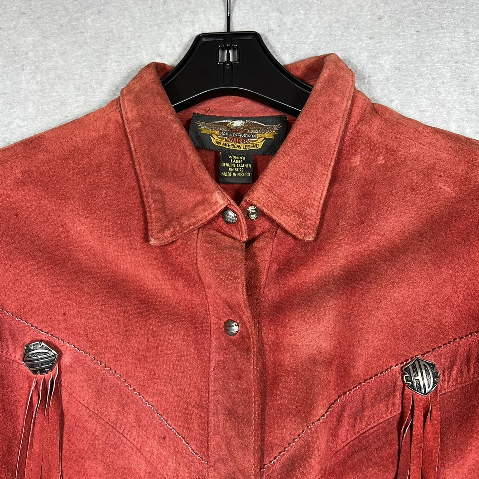 Jaqueta Harley Davidson Feminina Grande Couro Camurça Vermelha Cowboy Ocidental com Franja - Imagem 3 de 4