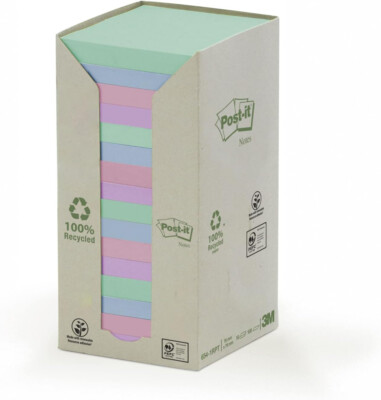 Post-it 654-1RPT Haftnotiz Recycling Pastell Rainbow Notes Tower, 76 x 76 mm