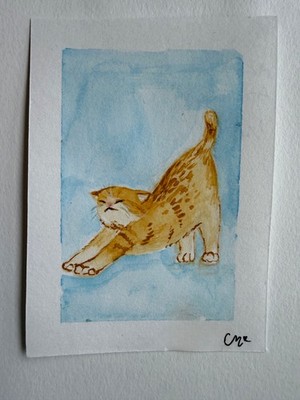 ACEO original art cat kitten tabby animal orange blue watercolor Cadi Christie