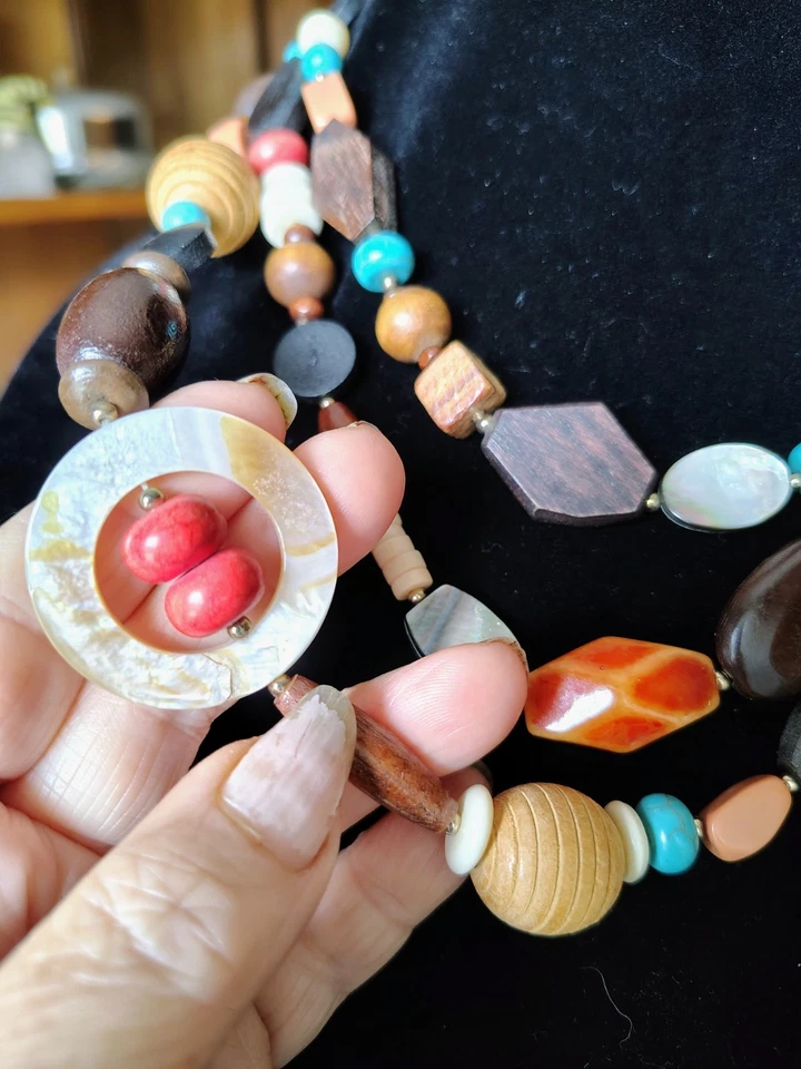 Collar Chicos Madera Natural Concha Piedra Cuentas Multi-Hebra 18"+3" Foto 3 de 4