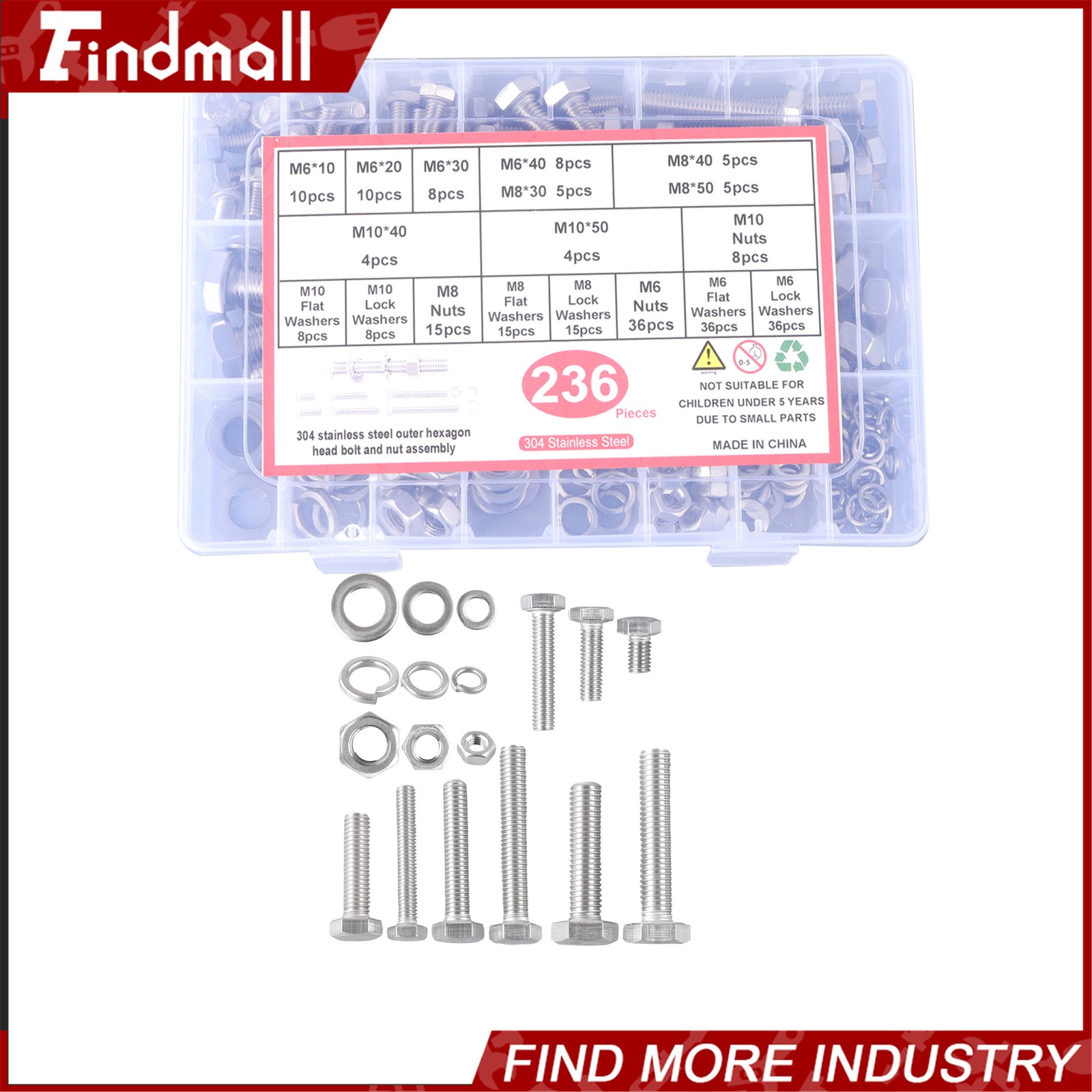 236PCS M6 M8 M10 Heavy Duty Bolts and Nuts Assortment Kit 304 Stainless Steel