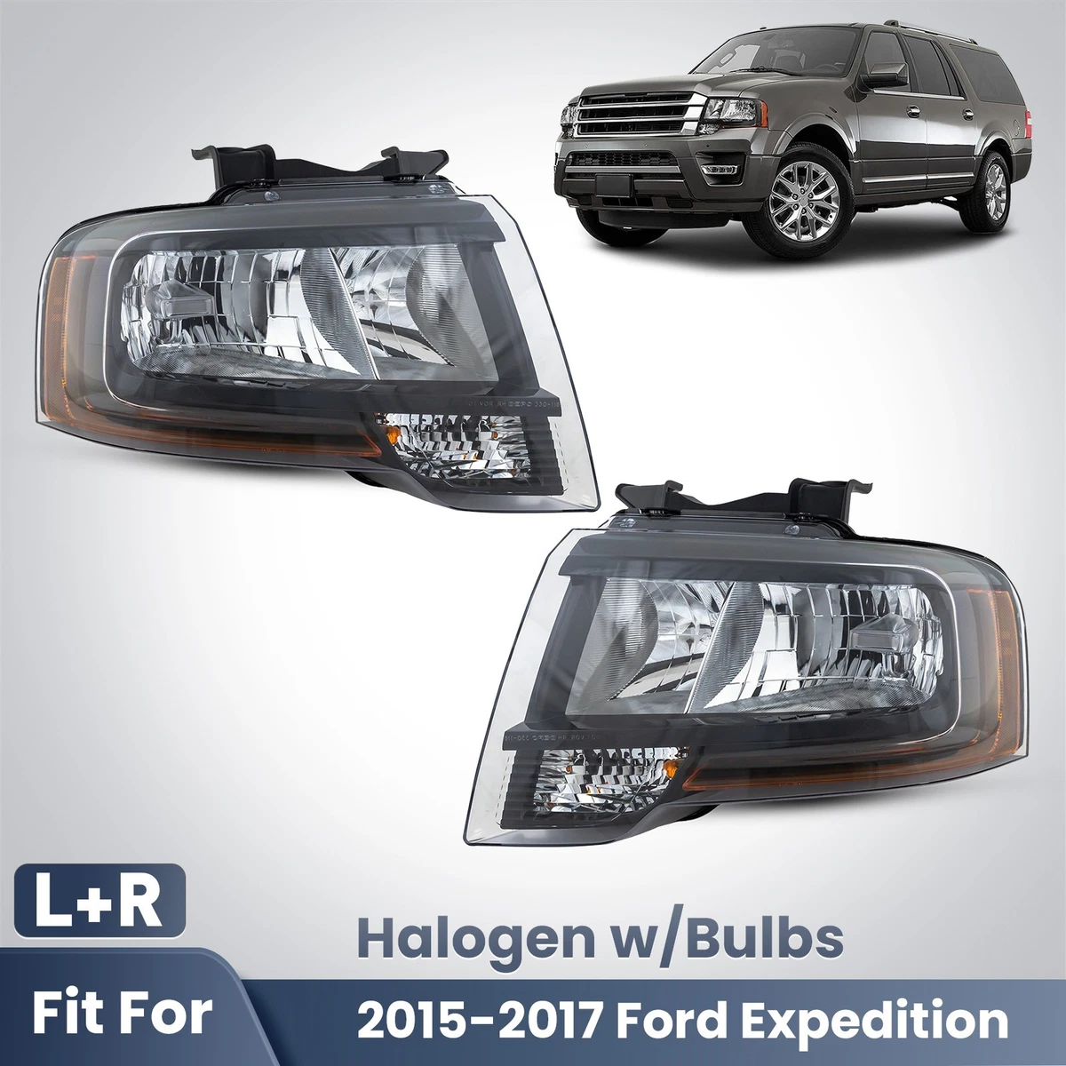 Pair Reflector Halogen Headlights For 2015-2017 Ford Expedition – Chrome Housing W/ Bulbs
