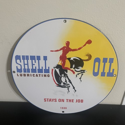 #ad VINTAGE SHELL LUBRICATION GASOLINE OIL PORCELAIN SIGN $60.00