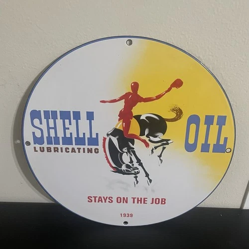 VINTAGE SHELL LUBRICATION GASOLINE OIL PORCELAIN SIGN