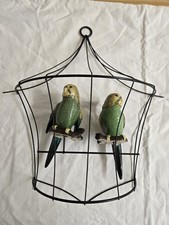 Vtg. rare Ceramic Arts Studio parrots. Pudgie/Budgie pair w/cage.