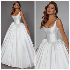 Elegant A-line Simple Satin Wedding Dresses Sleeveless Square Collar Bride Gown
