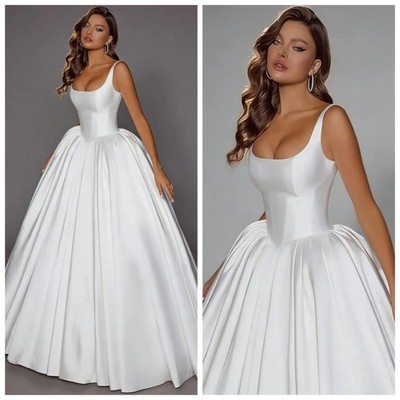 Elegant A-line Simple Satin Wedding Dresses Sleeveless Square Collar Bride Gown