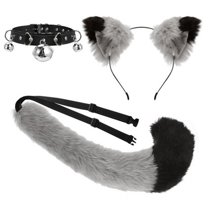 Katze Cosplay Kostüm Set, Grau Schwanz und Ohren Set Faux Furry Fox Wolf Tail...