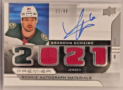 Brandon Duhaime 2021-22 Upper Deck Premier Rookie Auto Patch 2/99 Wild #PRA-BD