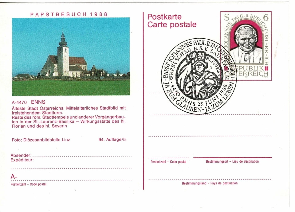 Österreich 1988 Stationery Postcard used Ganzsa Bildpostk Papst Johannes Paul II - Bild 1 von 1