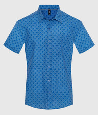 Men s Geometric Blue Print Short Sleeve Button Casual Dress Slim Fit Shirt