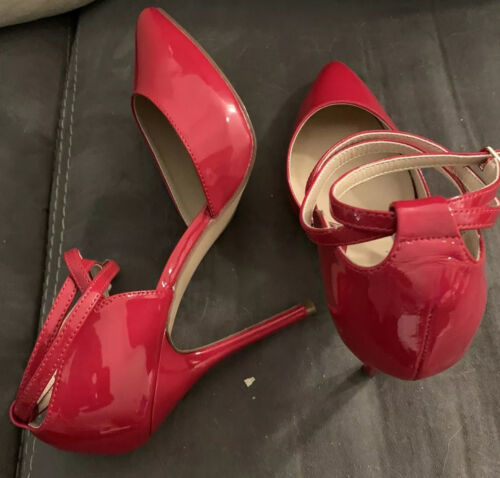 Pleaser Red Patent Ankle Strap / Cross Strap pointed toe pump 11M - Picture 3 of 5