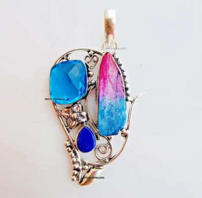 Roh Stein Mit Blauer Topas & Lapislazuli Anhänger, 925 Sterling Silber Anhänger - Bild 1 von 4