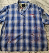 Vintage Bugle Boy BBJC Sapphire Blue Floral Short Sleeve Shirt Denim Pocket 2XL