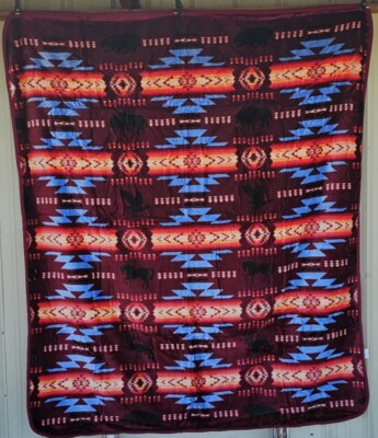 SOUTHWEST INDIAN BEAR BUFFALO EAGLE HORSE DEER WOLF BURGUNDY QUEEN BLANKET