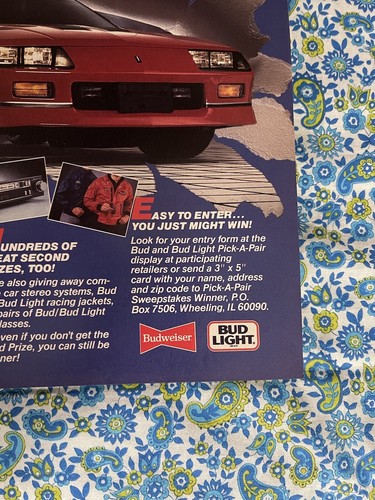 Vintage 1985 Budweiser Pick A Pair Sweepstakes Print Ad Z28 Camaro - Picture 2 of 9