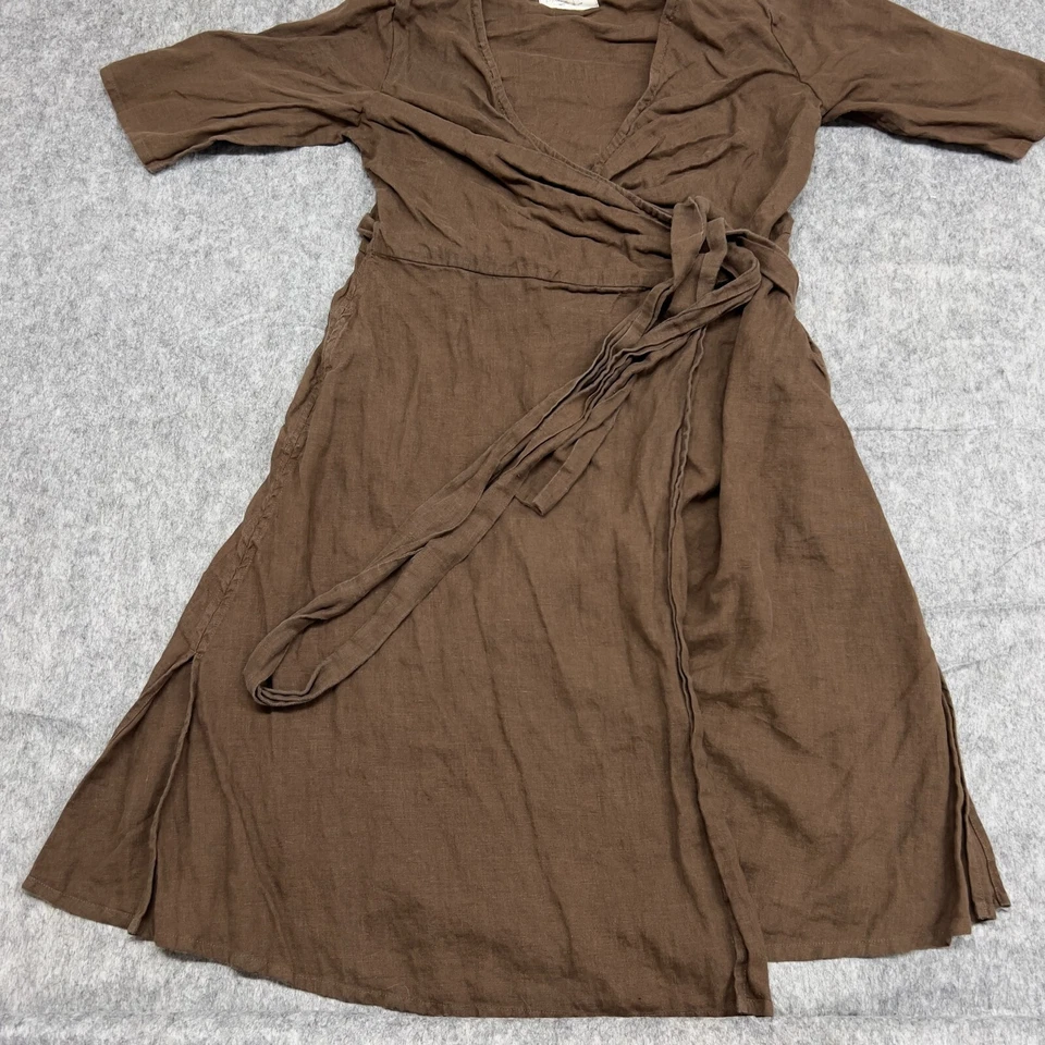 Vestido Pavietra Para Mujer XL Marrón Estilo Midi Envolvente Ranura Alta Preppy Lino Lagenlook Foto 3 de 4