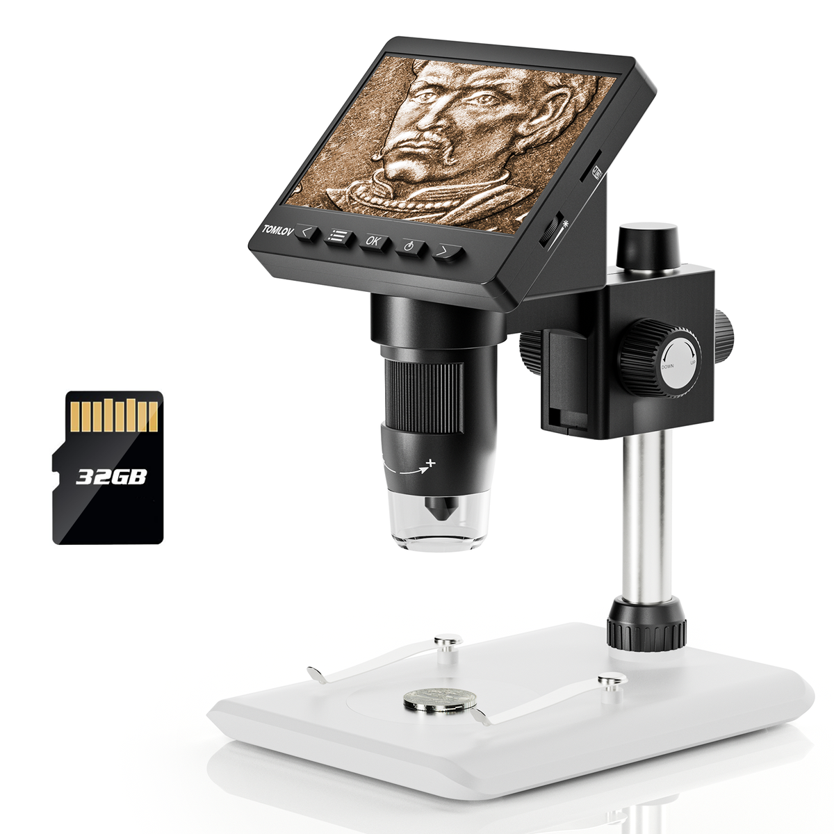 TOMLOV DM4S Digital Microscope – 4.3" Screen, 1000X Magnification, LED Stand, PC View, Coin & Soldering Microscope