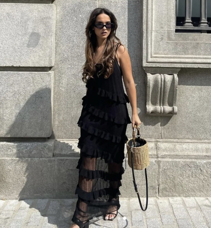 ZARA WOMAN NWT SS23 BLACK RUFFLED LONG KNIT DRESS 3920/045