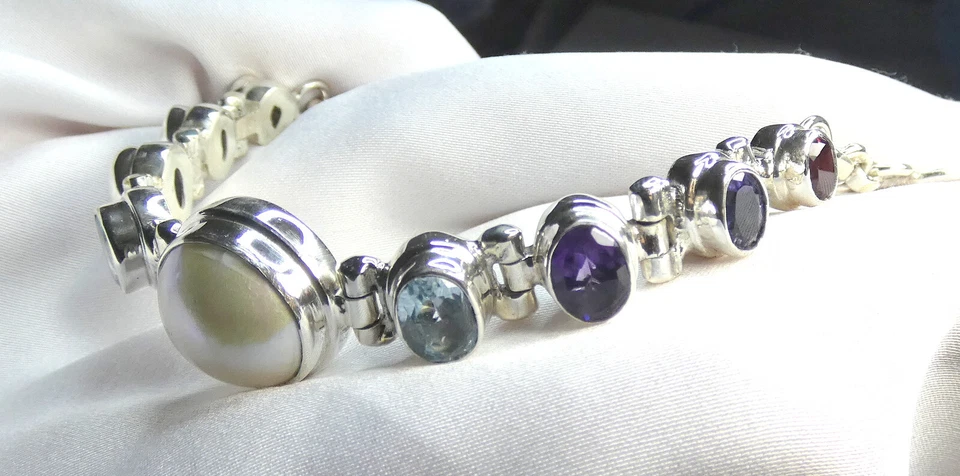 Perle, Amethyst, Iolith, Blautopas, Granat Armband 925 Silber ca. 25 g UNIKAT - Bild 4 von 4