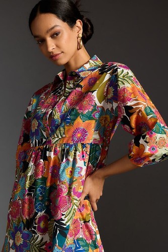 NWT Anthropologie Maeve The Bettina in Orange Floral Cotton Shirt Dress XXS - Picture 6 of 9