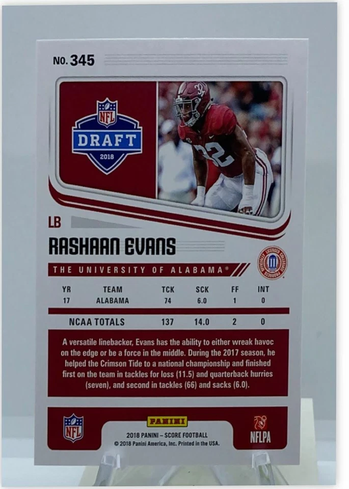 2018 Score Scorecard Rashaan Evans Rookie Alabama Crimson Tide #345 - Image 2 of 2