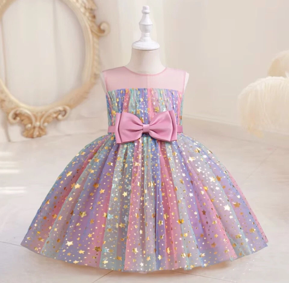 New 2pc Girls Rainbow Sequin Star Tutu Dress & Hair Accessory
