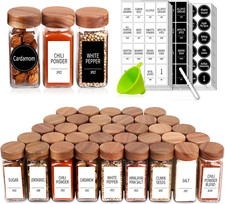 48 tarros de especias de vidrio con tapas, etiquetas y embudo de acacia - perfectos para organizar