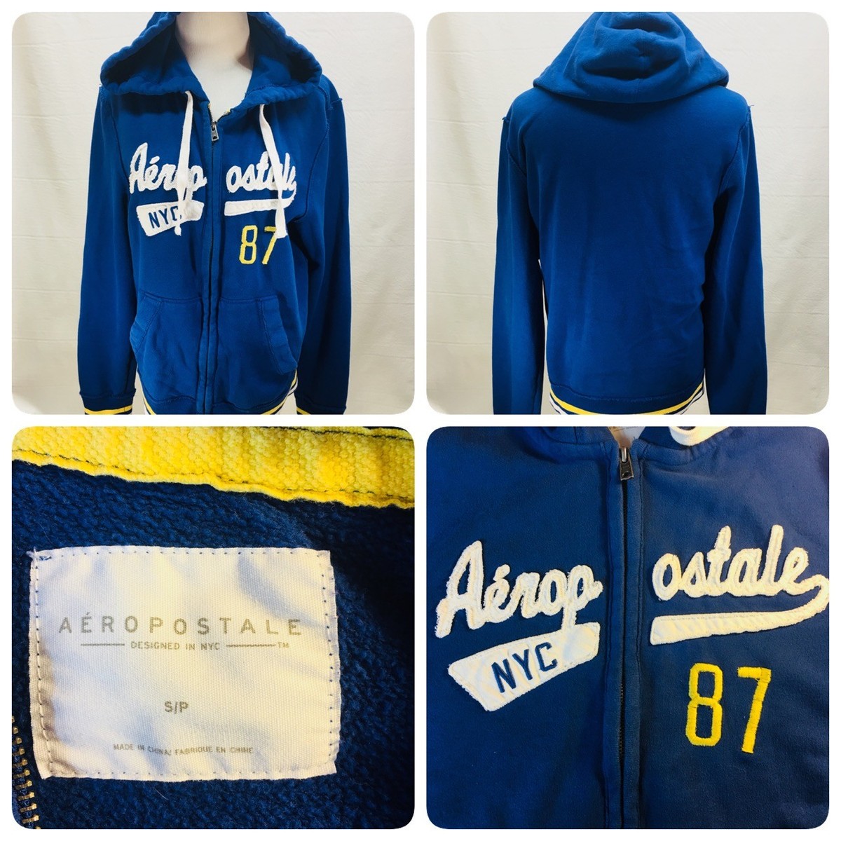 AEROPOSTALE Sz S Hoodie Patch Logo Embroidered New York Blue Zip