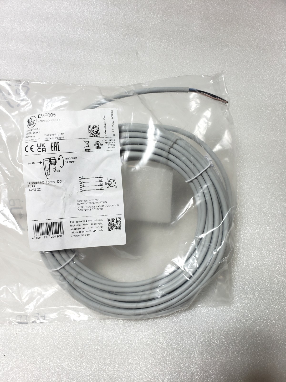 IFM Efector EVF005 Cable Female Cordset 4-wire M12 Right Angle Connector 10M