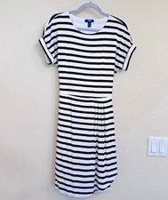Chaps Striped T Shirt Dress Womens M Black White Tie Waist Faux Wrap Stretch
