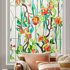 Window Privacy Film Stained Glass Faux 3D Rose Decorative UV Sun Blocking Static