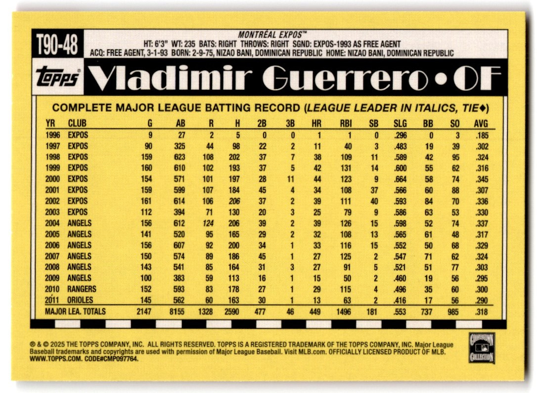 2025 Topps 1990 Baseball Vladimir Guerrero Montreal Expos #T90-48