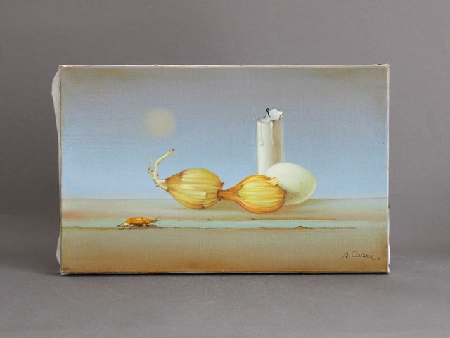 SERGE CARRE Surrealist Still Life Painting Candle Egg & Onions 1980s Vintage