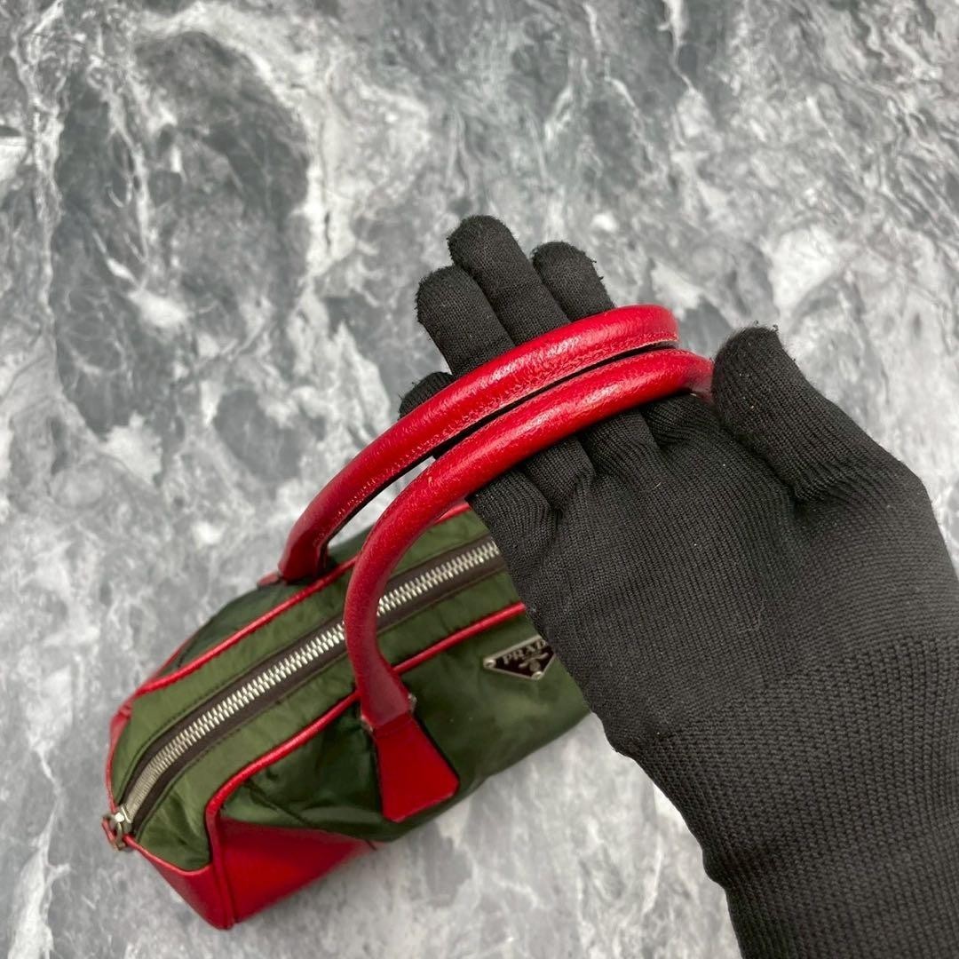 PRADA Women's Boston Bag Handbag Nylon Leather Khaki Red Used Authentic thumbnail 7