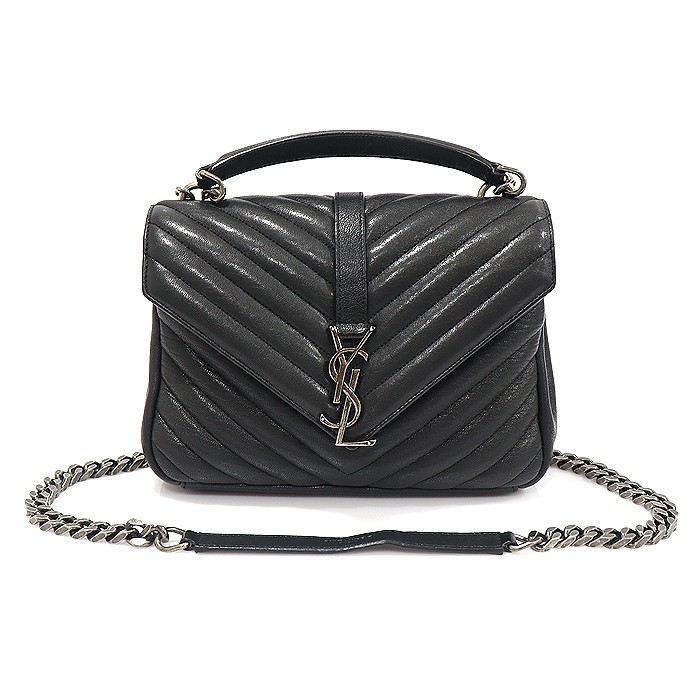 Saint Laurent Monogramma Agnello Nero Matelassé Tono Argento College Medium 2WAY