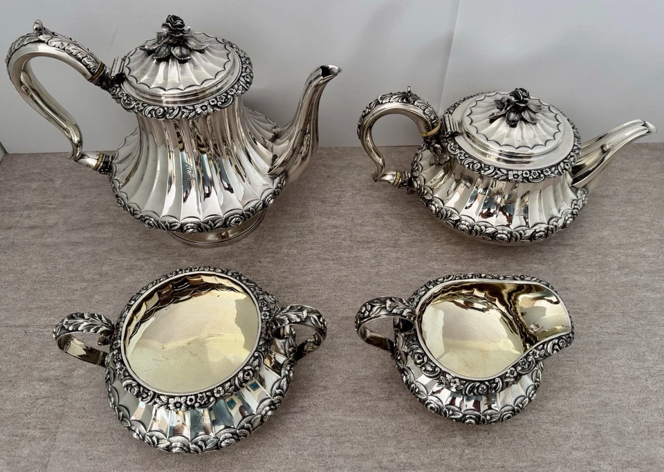 FINO JUEGO DE CAFÉ DE TÉ GEORGIANO INGLÉS ROSA ESTERLINA 4 PIEZAS EMES & BARNARD 1823 Foto 2 de 4