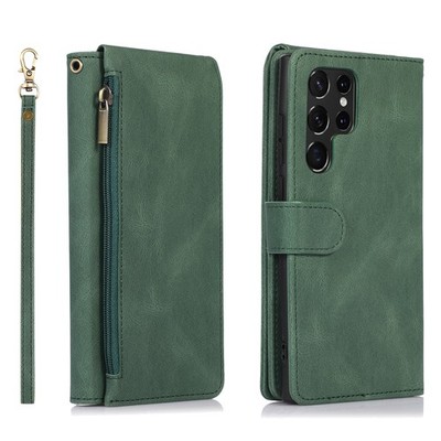 For Samsung Galaxy S25 S24 S23 S22 S21 Zipper Pocket Leather Wallet Case Strap