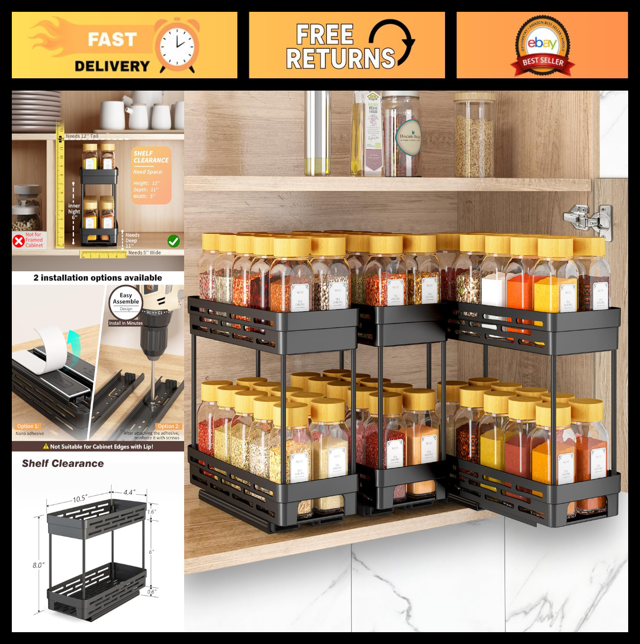 "3-Pack Pull-Out Spice Rack Organizer for Cabinets - 2-Tier Slide-Out Storage, F