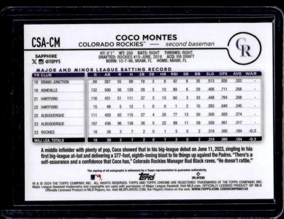 2024 Topps Chrome Sapphire Coco Montes Auto RC Rookie #30/199 Rockies - Image 2 of 2