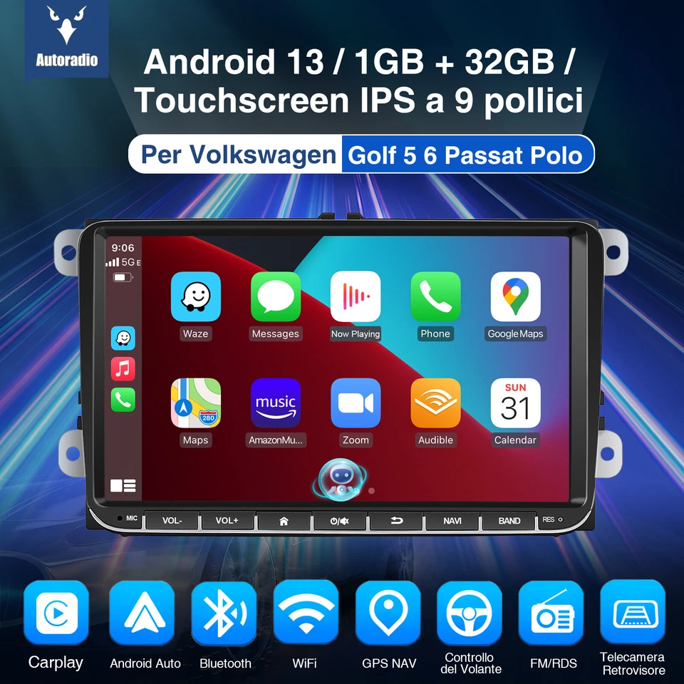 Autoradio Android 13 Carplay Bluetooth GPS RDS WiFi Per VW GOLF 5 6 Polo Touran - Immagine 2 di 4